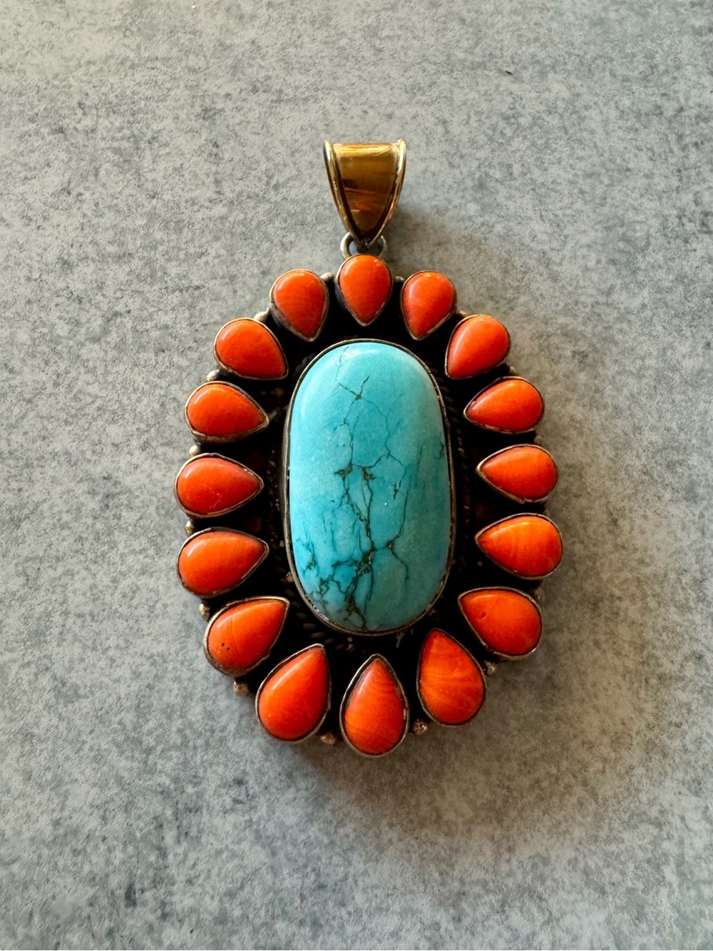 Turquoise and Coral Teardrop Silver Pendant - Blue and Orange Statement Necklace